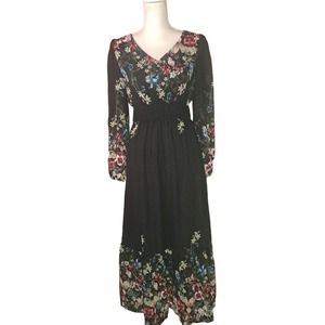 NWOT-Sz M-6 Black Flowered Lightweight lined sheer sleeve ankle length
